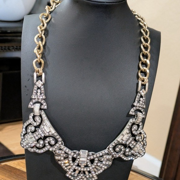 Rhinestone Geometric Art Deco Gold Tone Statement Necklace - Picture 1 of 8
